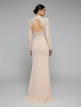 ALBANA New York blush crepe mermaid evening gown with pearl and crystal embellishments and a geometric open back