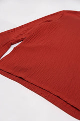 ALBANA New York coral red textured linen tunic featuring a relaxed fit and wide sleeves on a plain background.