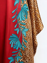 ALBANA New York crimson satin kaftan featuring turquoise floral embroidery and leopard print contrast panels
