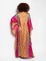 ALBANA New York fuchsia and gold satin kaftan with leopard print and turquoise accents, back view on a model