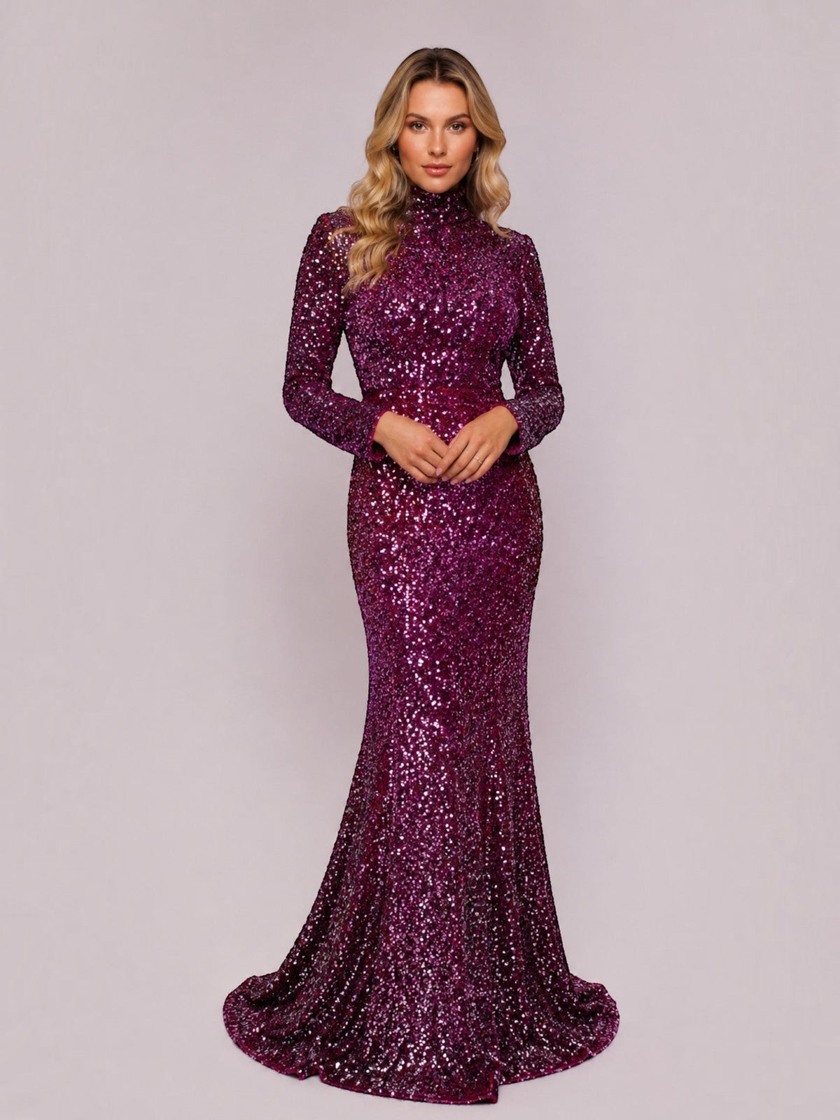 ALBANA New York fuschia ombre sequin mermaid evening gown with long sleeves and mock neck on a blonde model
