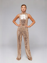 ALBANA New York gold sequin sleeveless mock neck blouse and matching wide-leg trousers worn by a model.