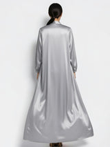 ALBANA New York gray satin duster abaya with long sleeves and a flowing silhouette, back view.