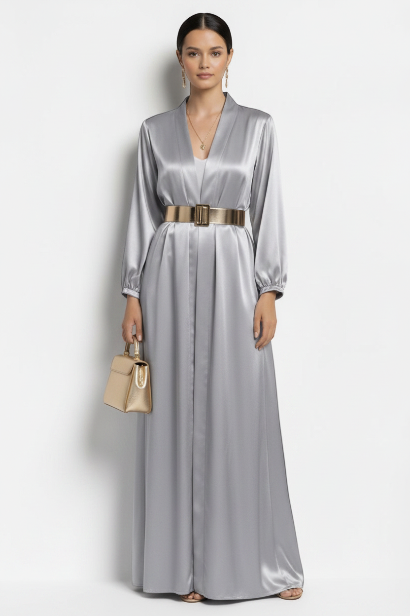 Satin Maxi Duster Abaya - Grey