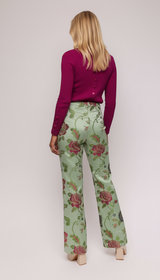 ALBANA New York light green brocade pants with a vibrant floral pattern, mid-rise, double pleated, and hidden side zipper.