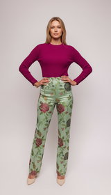 ALBANA New York light green brocade pants with a floral pattern in pink, blue, and green. Slim fit, mid-rise, double-pleated with hidden side zipper.