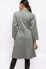 ALBANA New York grey plaid longline blazer coat with a tailored fit and lapel collar, viewed from the back.