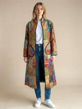 Model wearing ALBANA New York Imperial Mosaic Silk Jacket with noir trim, patch pockets, and open front design.