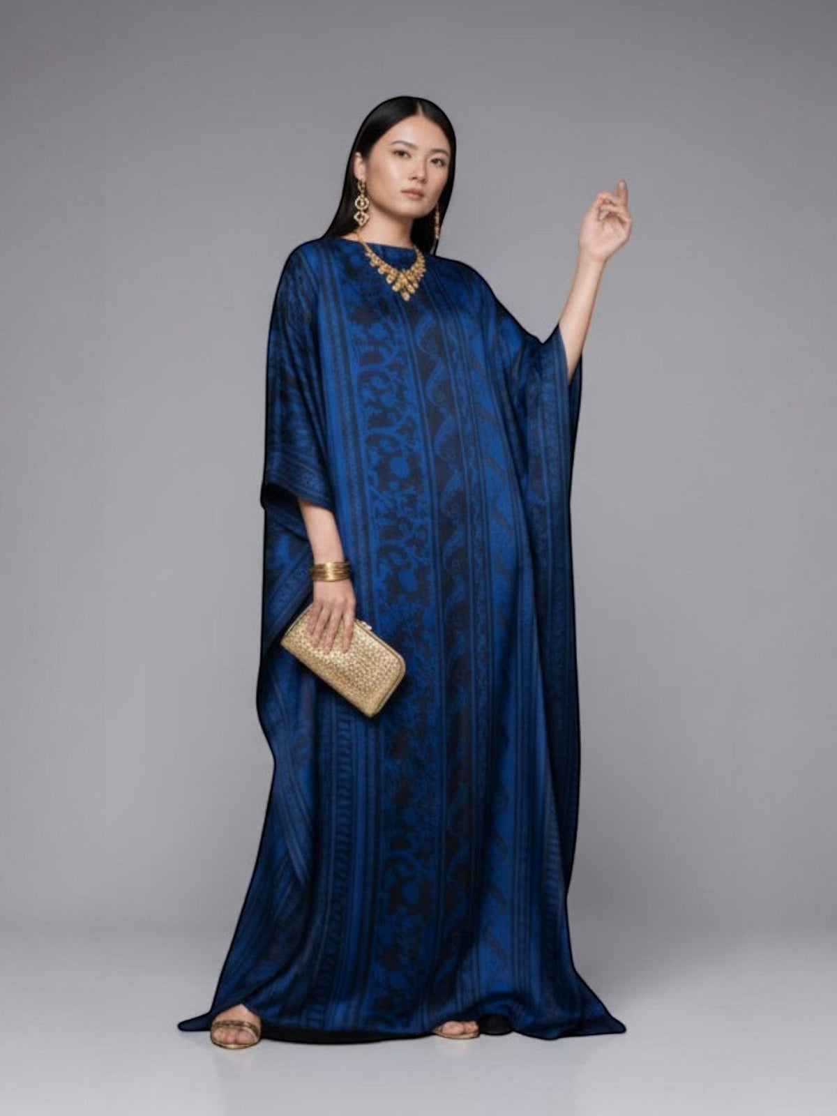 Printed Silk Kaftan Maxi Dress - Midnight Blue