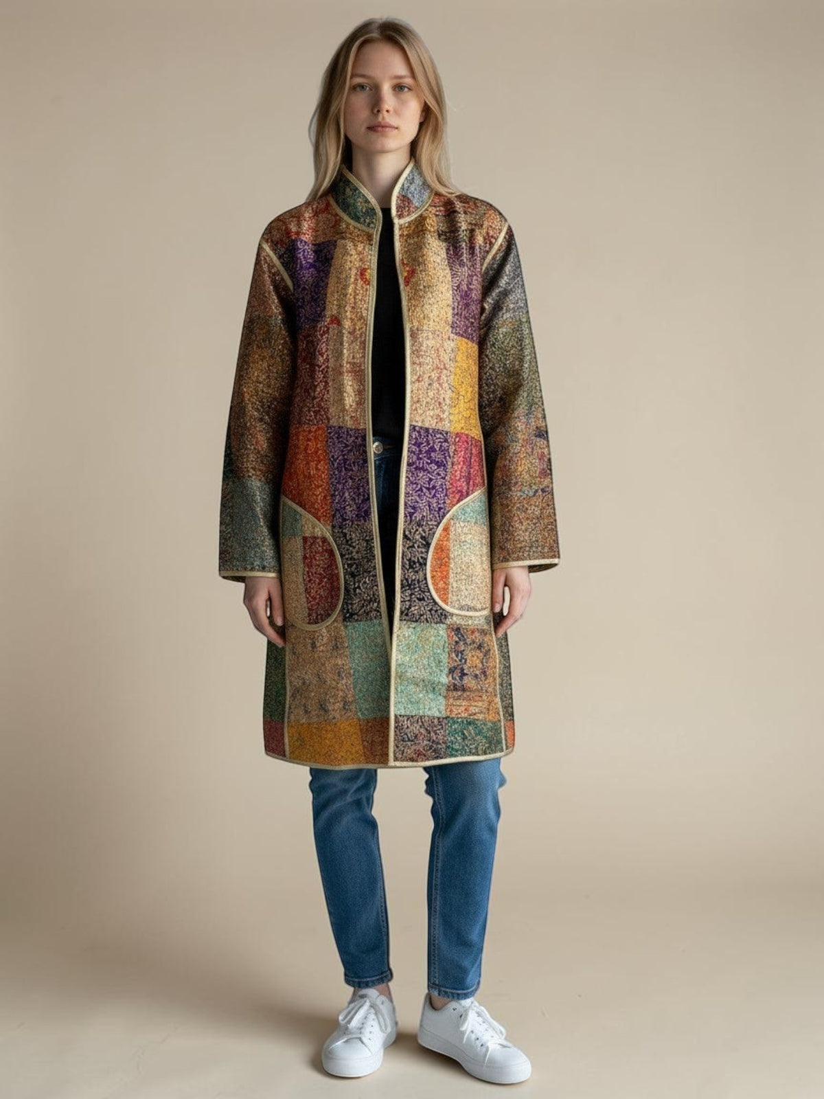 Model wearing an ALBANA New York longline silk coat with a colorful mosaic pattern, open front, and gold trim.