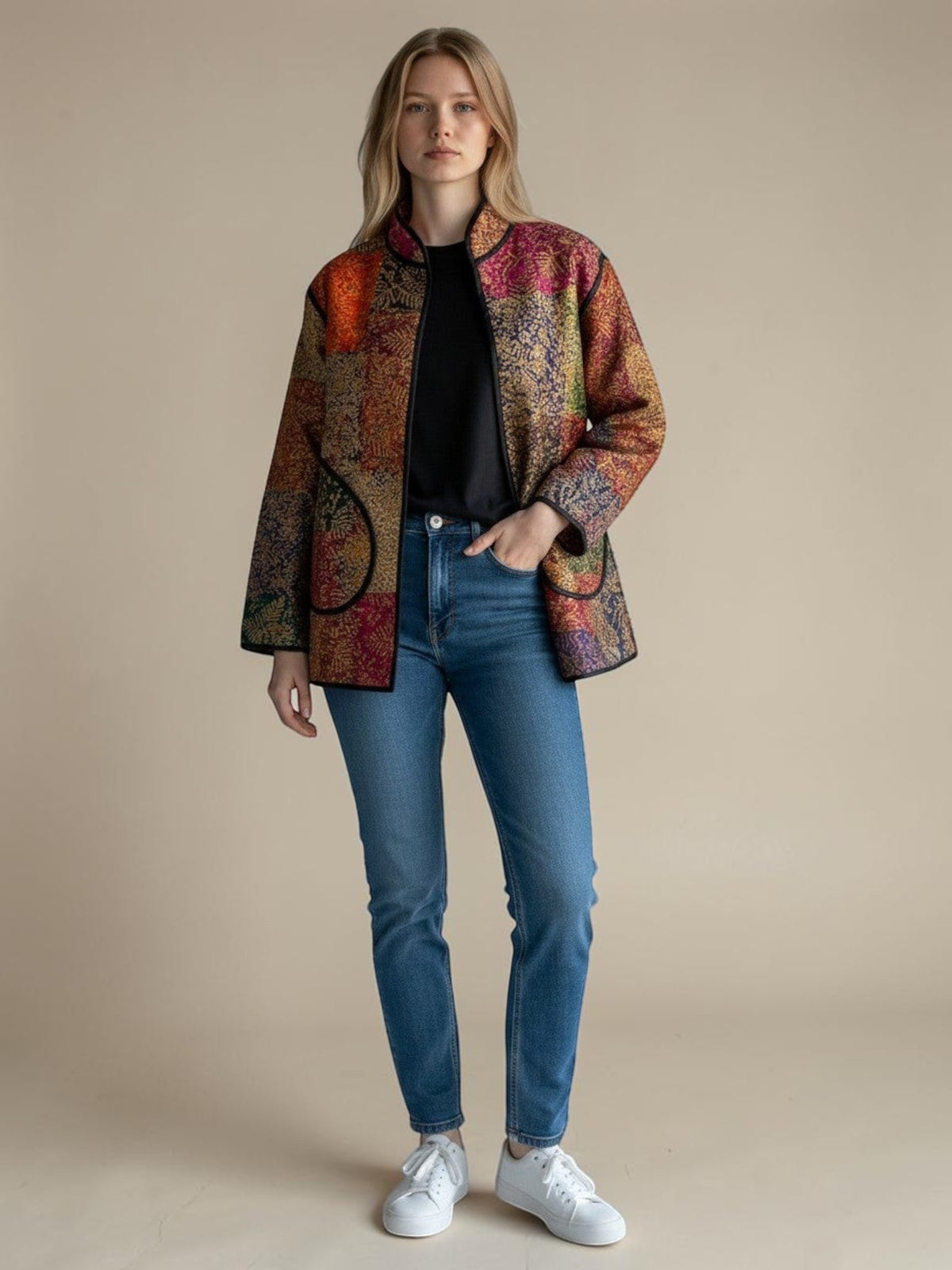Model wearing ALBANA New York silk mosaic coat with noir trim, layered over a black top and blue jeans.