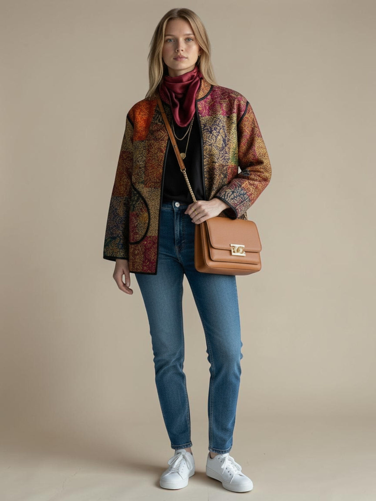 Model wearing ALBANA New York Imperial Mosaic Silk Jacket with noir trim, blue jeans, and a tan crossbody bag.