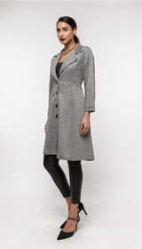 ALBANA New York grey and black plaid unlined cotton stretch coat with oversized A-line fit and button front.
