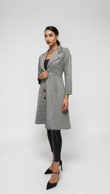 ALBANA New York grey and black plaid unlined cotton stretch A-line coat with button front.