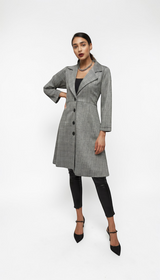 ALBANA New York grey and black plaid unlined cotton stretch coat with oversized fit and button front.