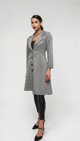 ALBANA New York grey and black plaid unlined cotton stretch coat with oversized A-line fit and button front.
