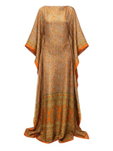 ALBANA New York printed silk kaftan maxi dress in orange and green paisley with wide kimono sleeves.