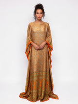 ALBANA New York silk kaftan maxi dress with orange and green paisley print, kimono sleeves, and floor-length hem.