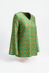 ALBANA New York Sage Scrolls Silk Tunic with green and gold floral pattern. V-neck, long bell sleeves.