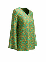 ALBANA New York Sage Scrolls Silk Tunic with green and gold floral pattern. V-neck, long bell sleeves.
