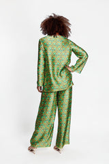 ALBANA New York Sage Scrolls Silk Tunic with green and gold floral pattern. Relaxed fit, 100% silk.