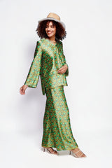 ALBANA New York Sage Scrolls Silk Tunic with green and gold floral print. Relaxed fit, 100% silk.