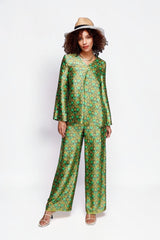 ALBANA New York Sage Scrolls Silk Tunic with green and gold floral pattern. Relaxed fit, 100% silk.