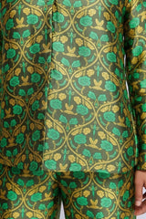 ALBANA New York Sage Scrolls Silk Tunic with green and gold floral pattern. Relaxed fit, 100% silk.