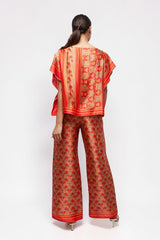 ALBANA New York silk wide leg pants and matching top in vibrant red floral mandarin scroll print, back view