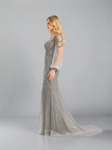 ALBANA New York silver tulle mermaid evening gown with rhinestone beading and sheer sleeves, side view