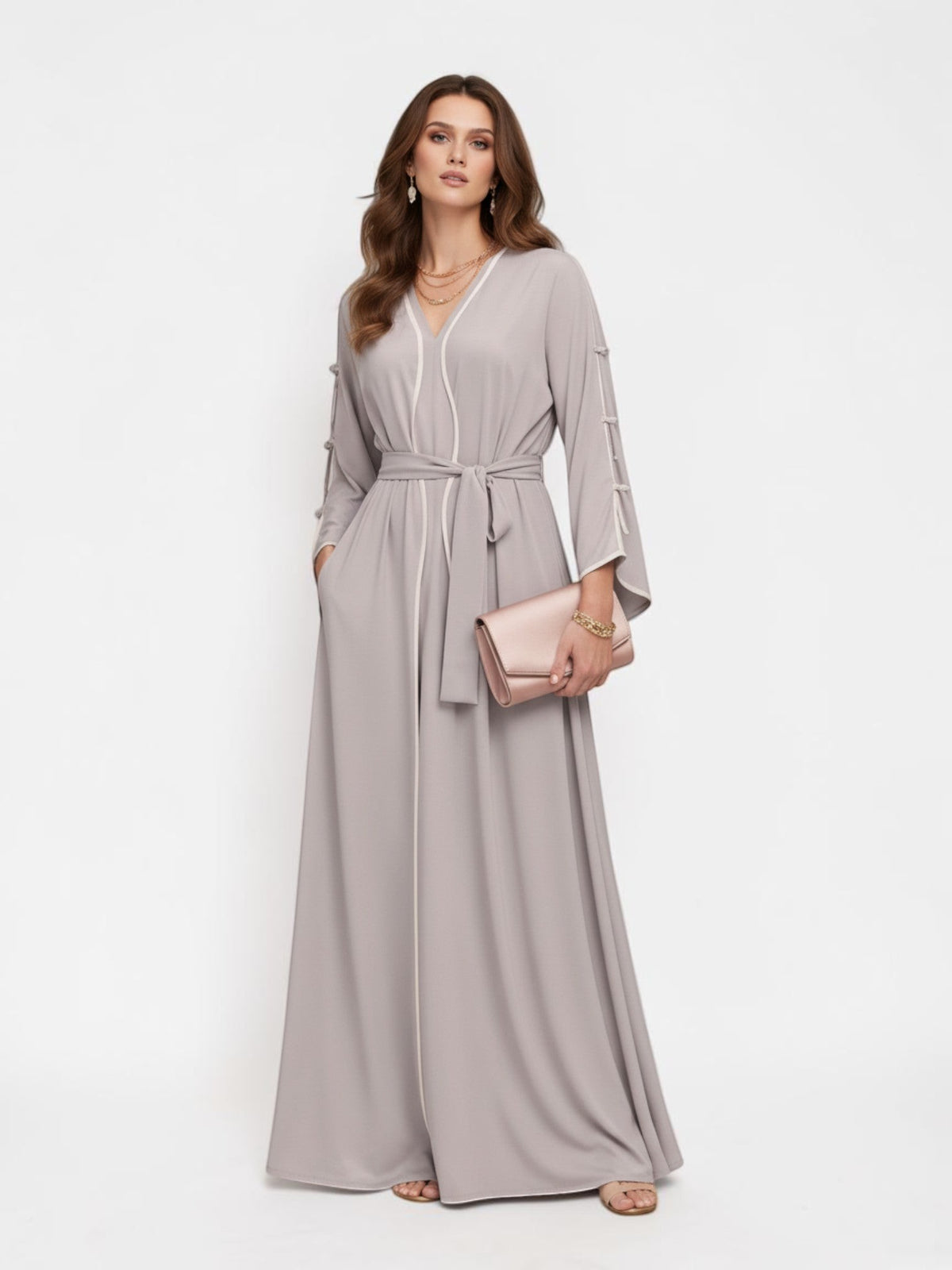 ALBANA New York Stone Veil maxi kaftan in stone grey with long sleeves, waist tie, and elegant fluid silhouette.