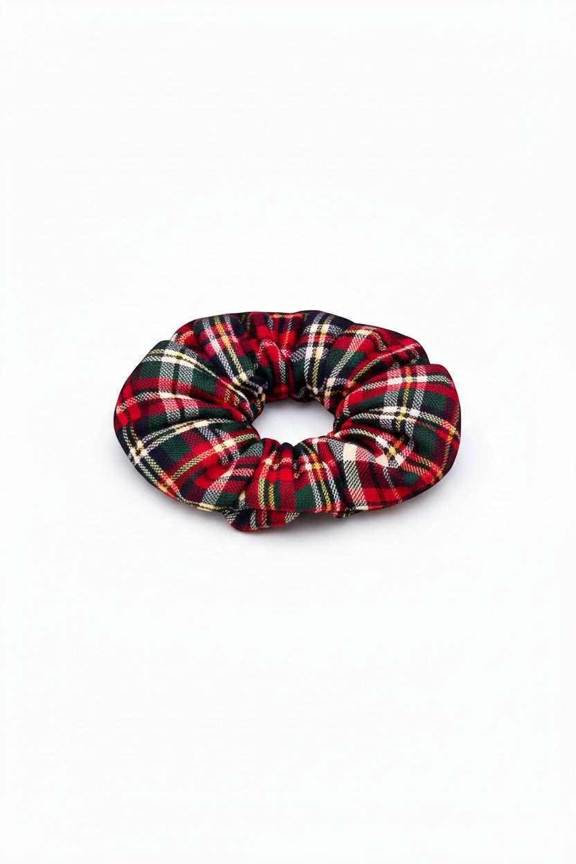 ALBANA New York mini tartan plaid scrunchie in red, green, and yellow woven cotton with structured ruching.