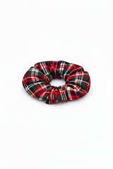 ALBANA New York mini tartan plaid scrunchie in red, green, and yellow woven cotton with structured ruching.