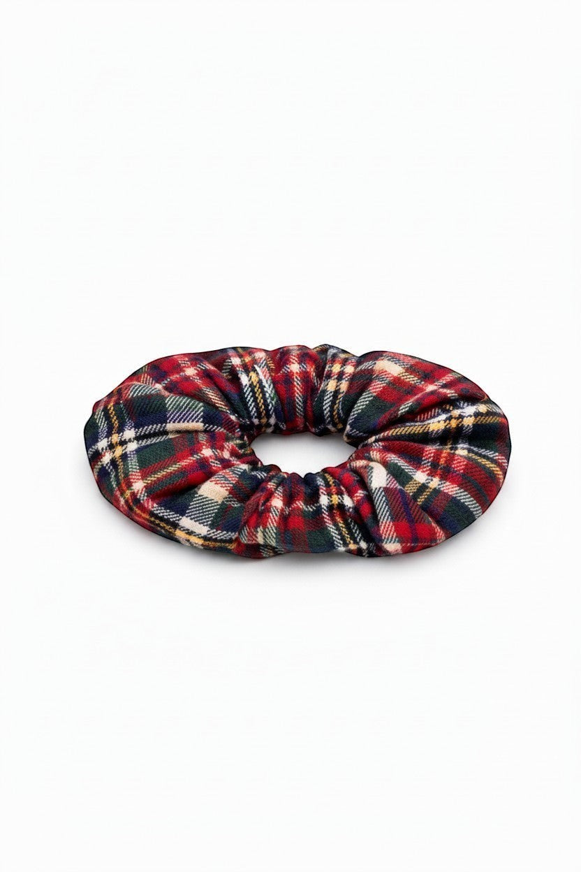 ALBANA New York tartan plaid scrunchie in red, green, and yellow woven cotton blend with structured ruching.