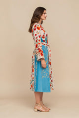 ALBANA New York velvet duster coat with colorful Uzbek silk embroidery, kimono style, and waist belt on a model.
