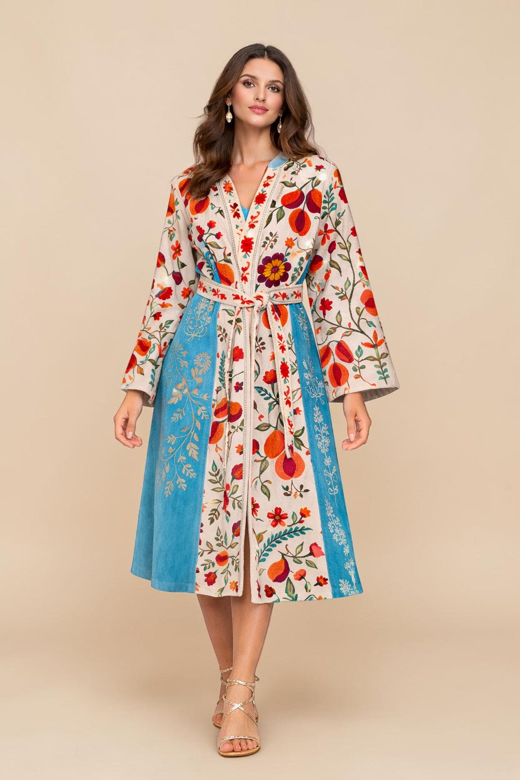 ALBANA New York velvet duster coat featuring vibrant silk Uzbek embroidery, floral patterns, and a waist-cinching belt.