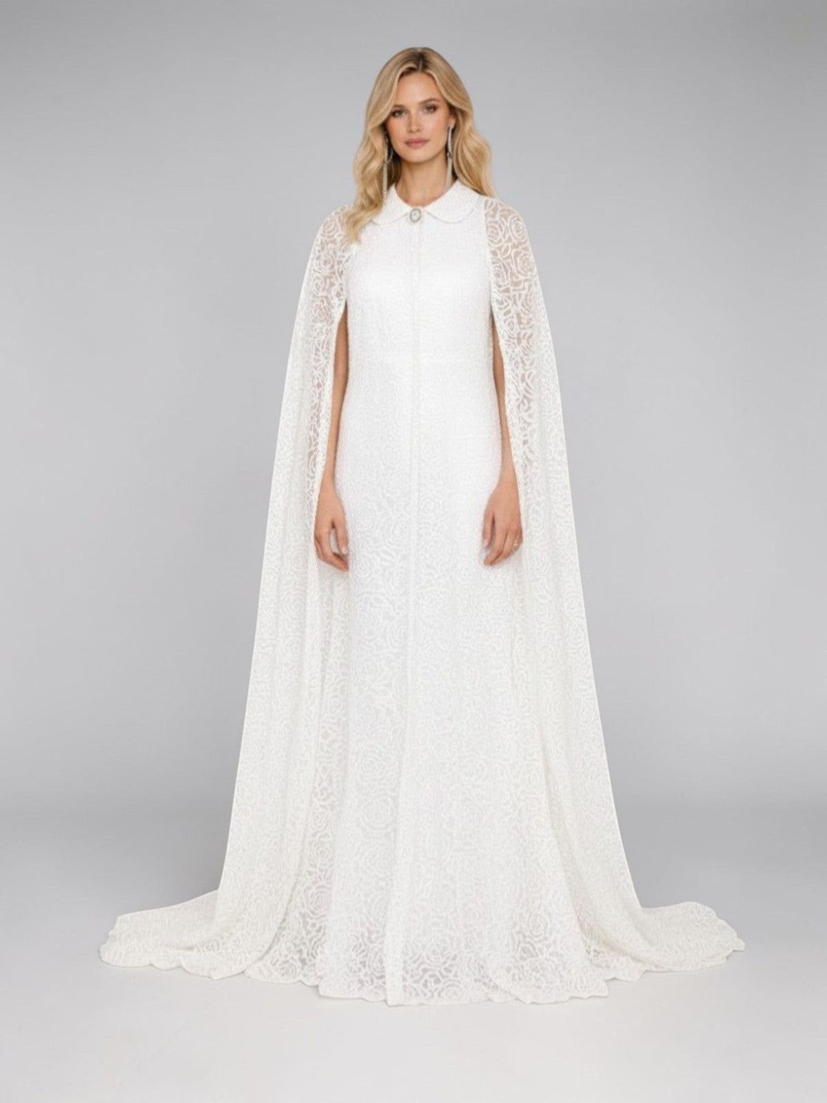 ALBANA New York floor-length white sheer maxi cape with rose embroidery, collar, and crystal button closure.