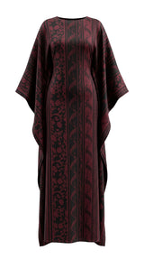 ALBANA New York Imperial Wine silk kaftan with a boat neckline, wide sleeves, and a rich maroon tonal scroll pattern.