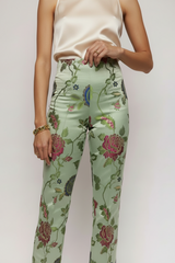 Green Floral Brocade Slim Pants