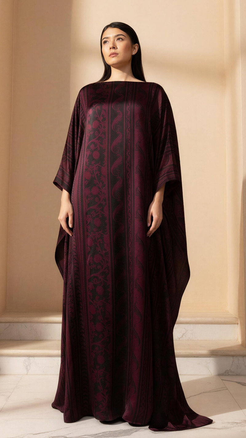 Printed Silk Kaftan Maxi Dress - Wine
