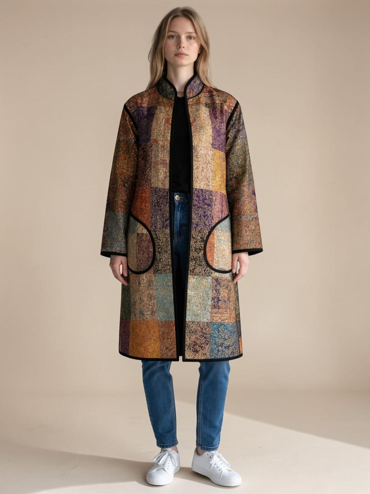 IMPERIAL MOSAIC SILK MID COAT— NOIR TRIM