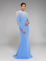 Crystal Cascade Embellished Mermaid Evening Gown - Blue