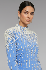 Crystal Cascade Embellished Mermaid Evening Gown - Blue