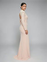 Crystal Cascade Embellished Mermaid Evening Gown - Blush