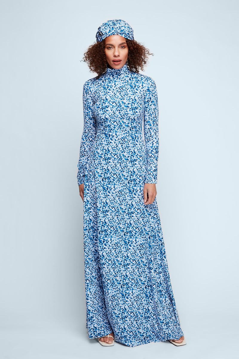 Blue Geometric Crepe Dress
