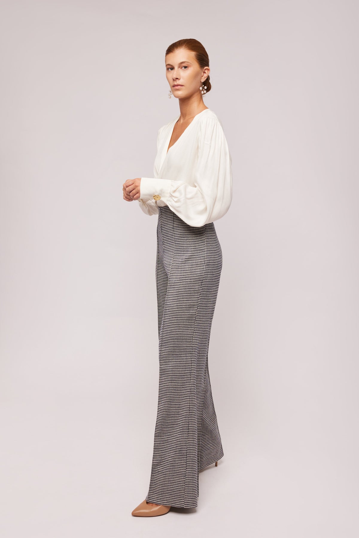 Black Houndstooth Wool Flare Pant