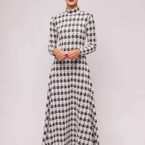 Houndstooth Square Neck Double Button Belted Dress