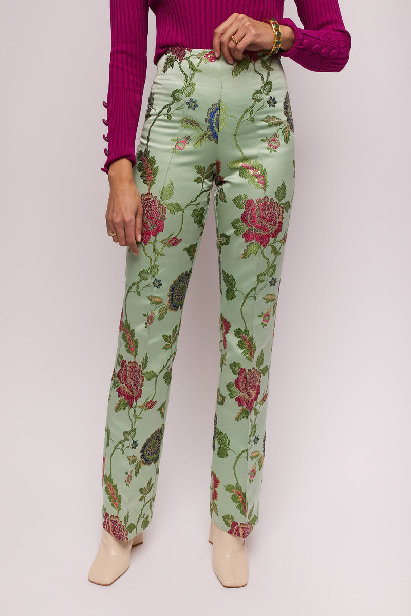 Green Floral Brocade Slim Pants