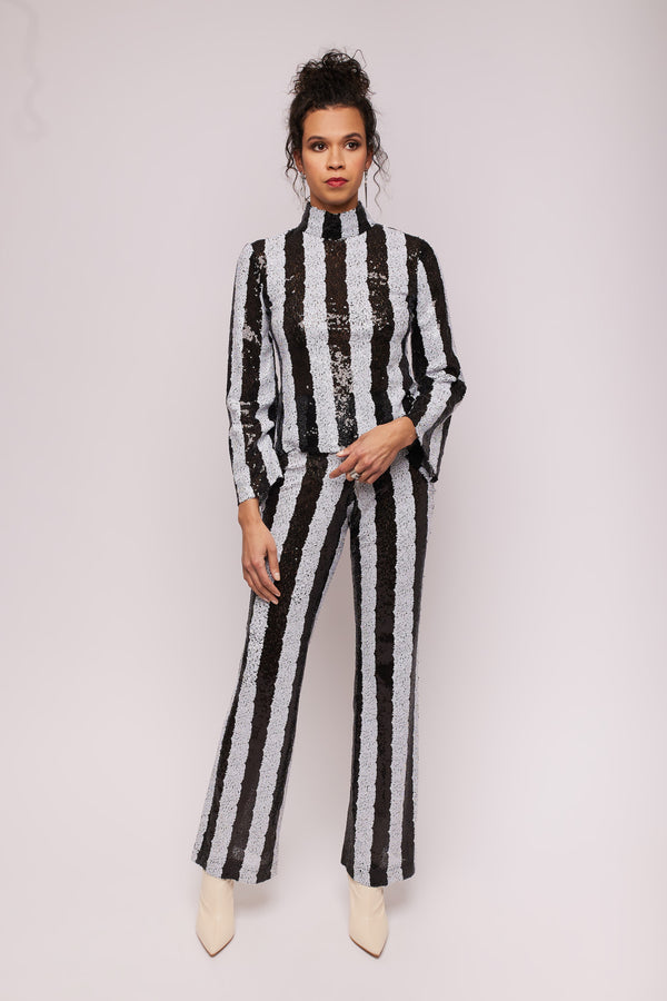 Black and White Stripes Sequin Pants