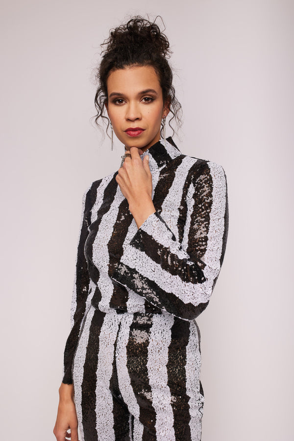 Black and White Stripes Sequin Blouse